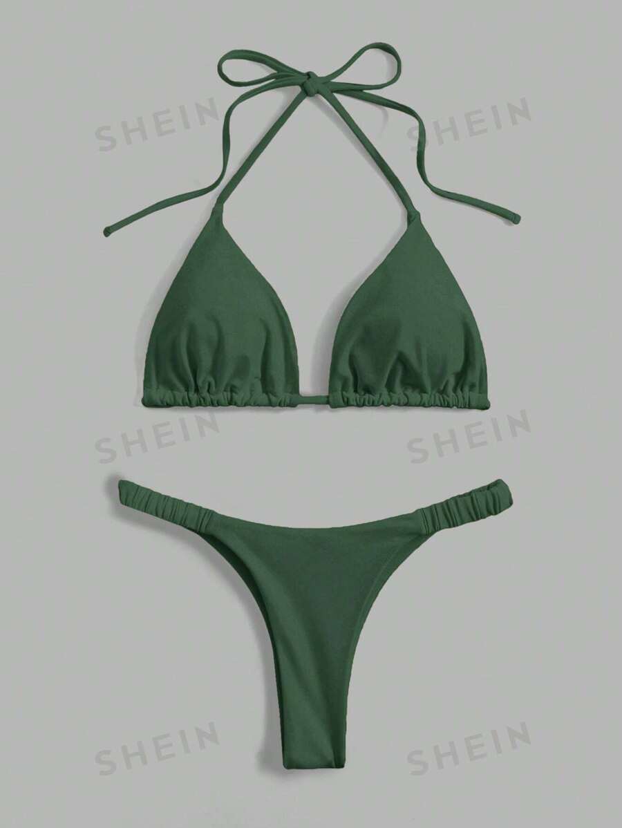 Swim Chiccia Conjunto de bikini de unicolor con escote halter y anudado, ropa de baño sexy para mujer, para el verano y la playa