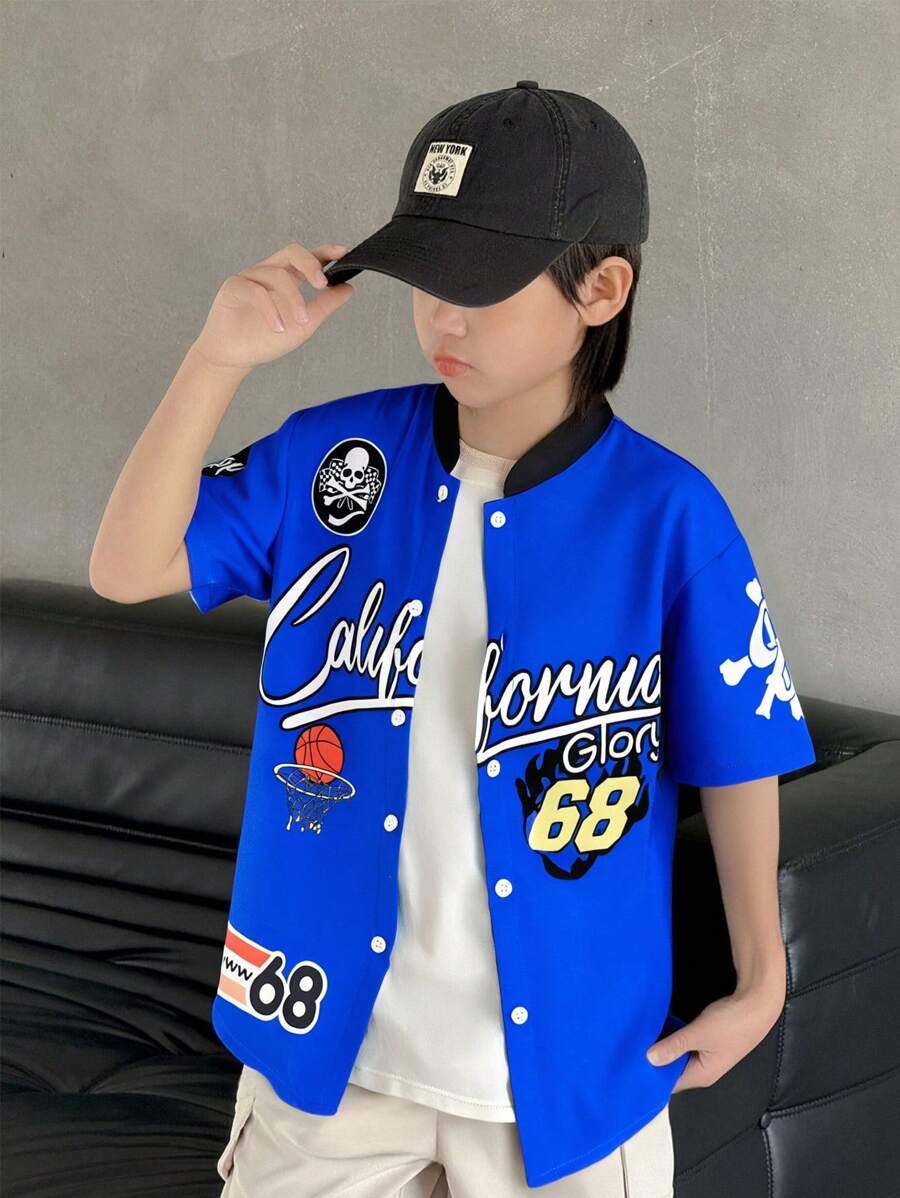 Tween Boy Casual Sports Basketball Letter Pattern Baseball Collar Short Sleeve Shacket, Suitable For Commuting, School, Daily Casual, Sports, Spring/Summer