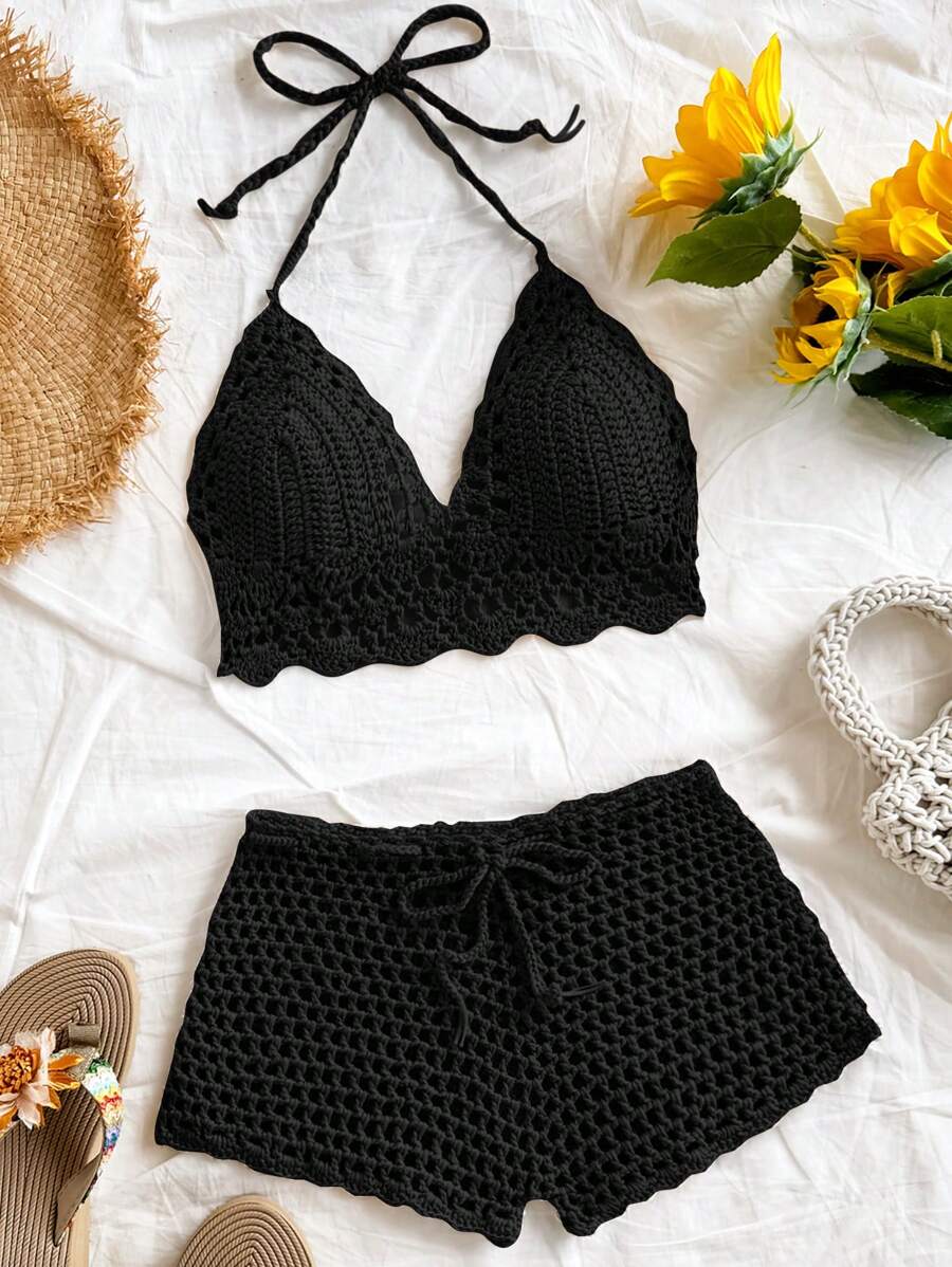 Soleia 2pcs/Set Women Holiday Solid Color Openwork Halter Knitted Tops And Knitted Shorts Beach Vacation Outfits Spring Summer Outfits For Women West Music Festival Boho