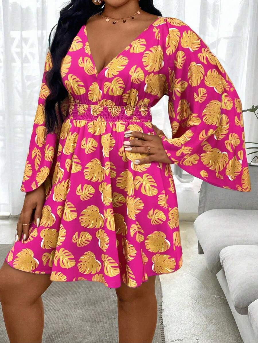 Breezaya Plus Size Holiday Banana Leaf Flare Sleeve A-Line Dress