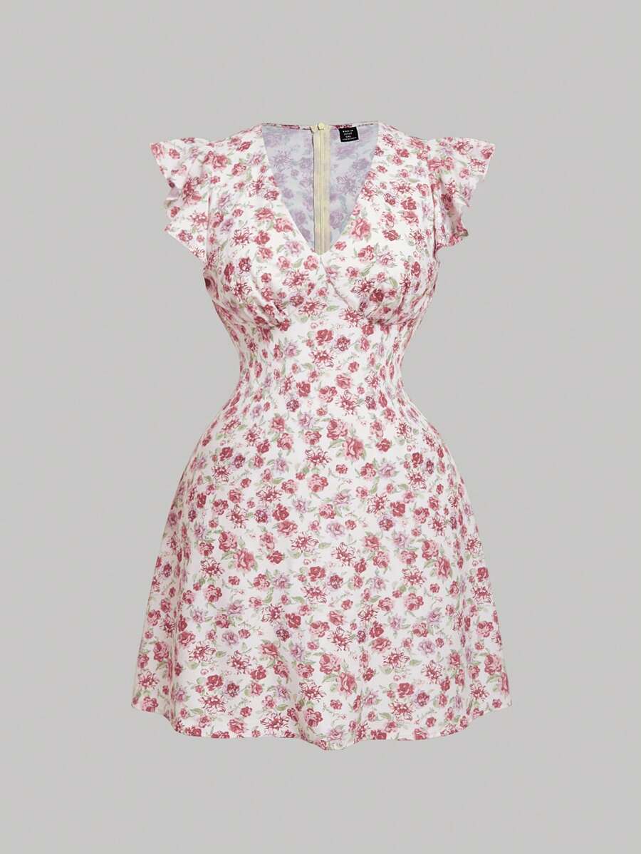 SHEIN MOD Plus Size Women Mini Ditsy Floral Fitted Waist Crop Top Dress,Summer Essentials, Tropical Vacation Woman Clothes.