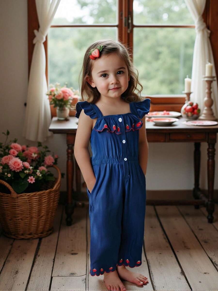 Vintaside Kids 1 Stück Jumpsuit für Kleine Mädchen im lässigen, niedlichen Stil mit Erdbeerstickerei