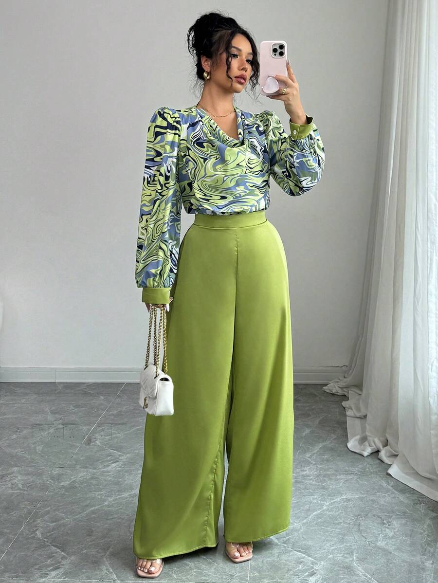 Calvaya 2-delige set voor dames: elegante zakelijke casual blouse met lange mouwen en ronde hals en lange broek, lente/zomer