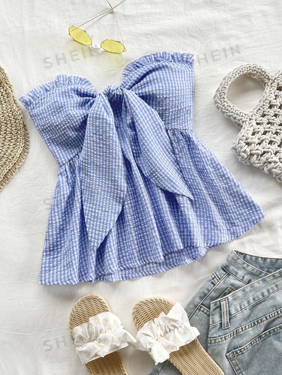 Soleia Nueva blusa sin tirantes con volantes en el dobladillo y lazo delantero a cuadros, azul y blanco, estilo vacacional