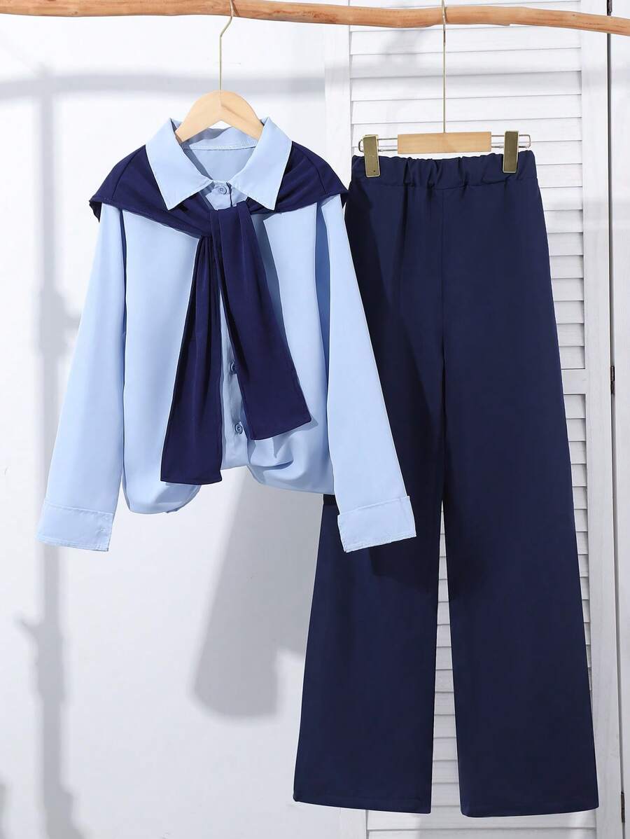 Teenage Girl Solid Color Long Sleeve Button Up Blouse + Straight Leg Pants 2pcs Outfit
