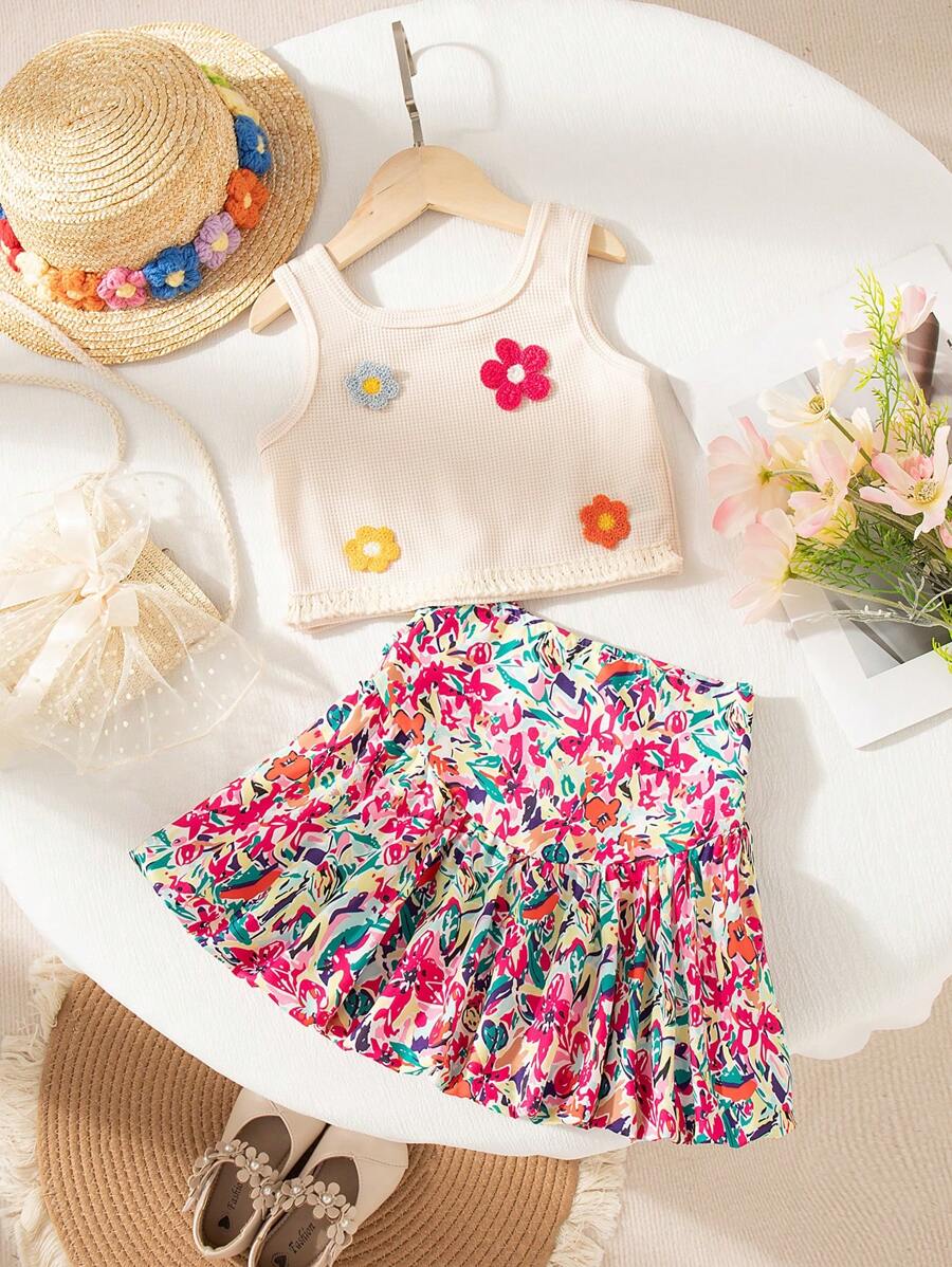 Young Girls Lightweight Summer Knit Waffle Crochet Flower Decor Loose Top And Ditsy Floral Flared Skirt 2 Pieces Set