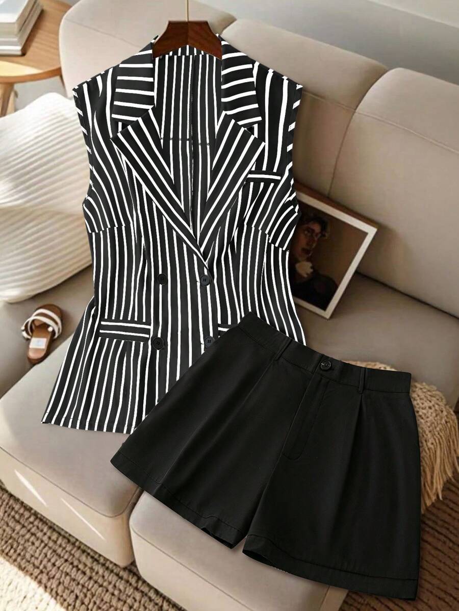 Calvaya Conjunto de 2 piezas de blazer sin mangas a rayas con cuello vuelto y pantalones cortos de talla grande para primavera/verano, elegante y casual