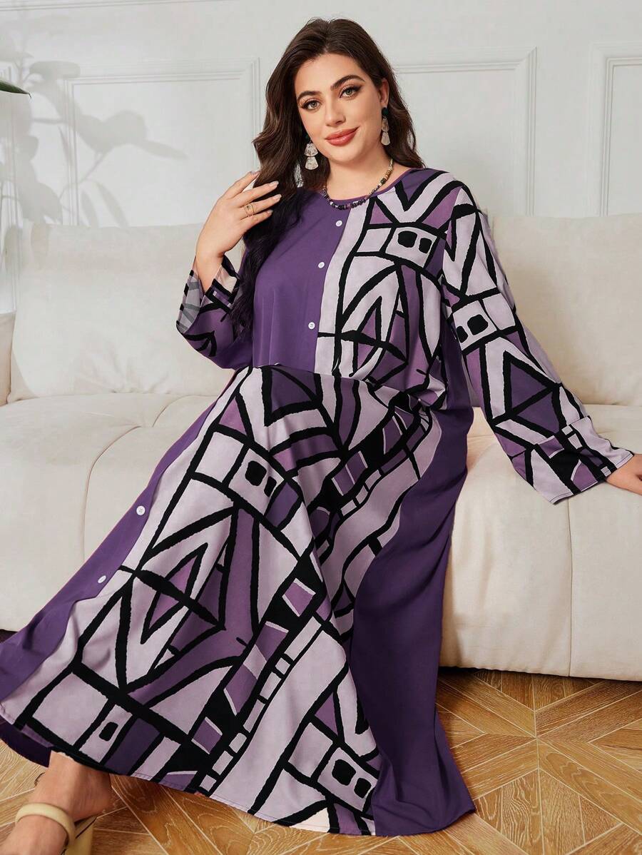 SHEIN Lacomfia Vestito con stampa geometrica a blocchi di colore e maniche lunghe, taglie comode