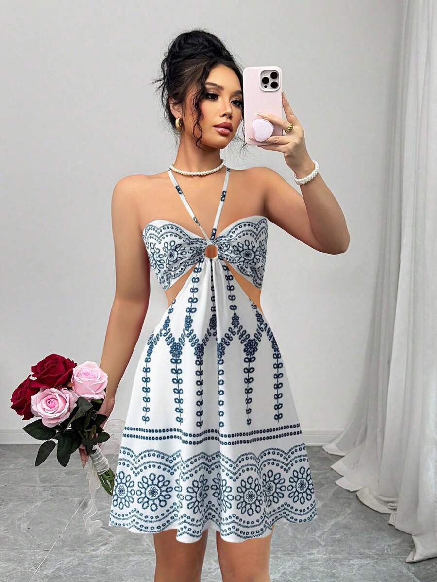 Breezaya Elegant Halter Backless Shirred Waist Casual Vacation Dress For Women
