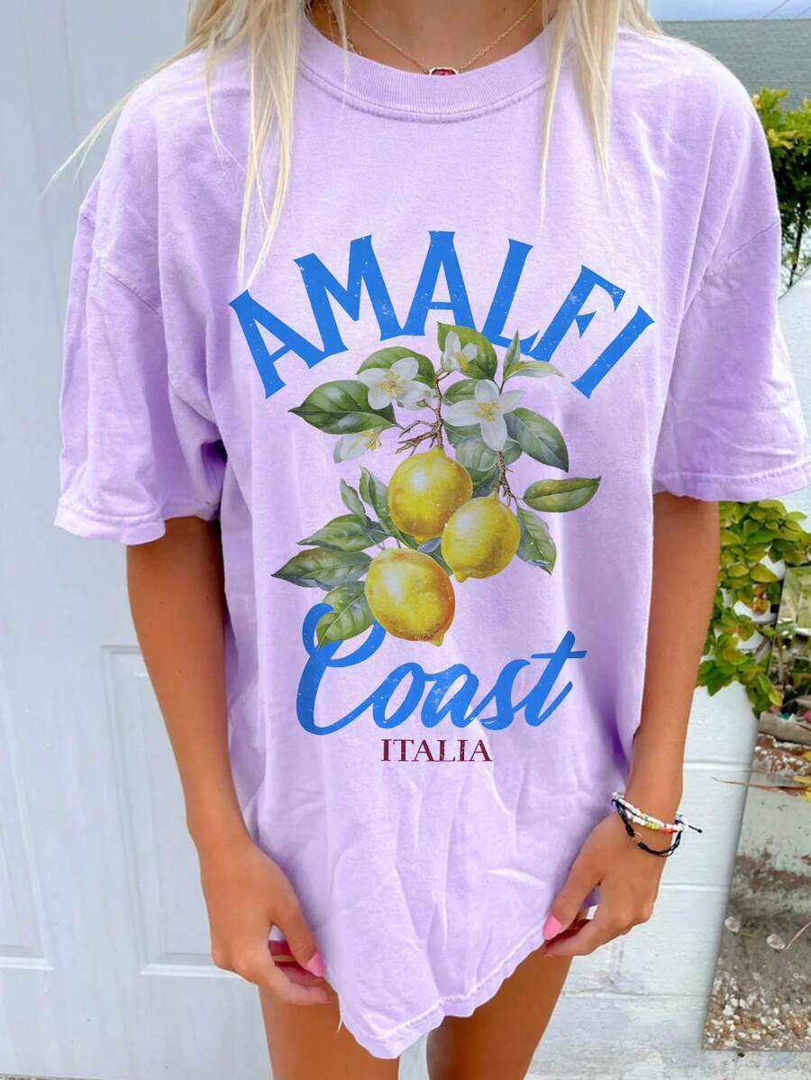 INAWLY Impresión de la de Amalfi Italia, impresión de limón con letras, blusa de manga corta suelta y casual de unicolor para mujer, camiseta de primavera/verano para mujer