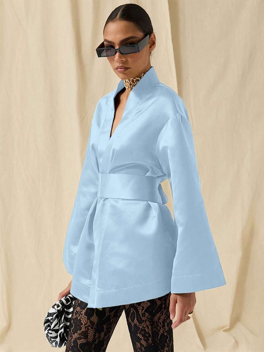 SHEIN X ELOISA & ORSON COSMINA Vestido elegante de mujer con escote en V y mangas abullonadas
