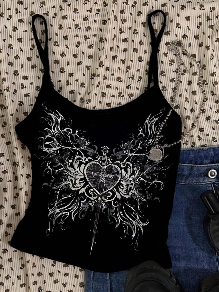 Y2K Style Gothic Heart Print Sexy Camisole For Women, Suitable For Party, Gathering, Music Festival