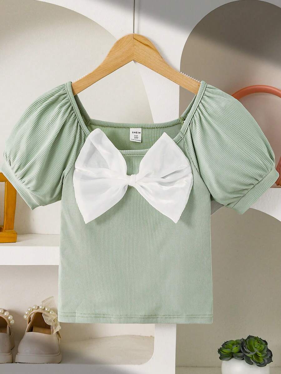 Wildeya Tween Girl T-Shirt, Casual Elegant Basic Green Knit Short Sleeve T-Shirt With Bow And Puff Sleeves, Snug Fit For Outdoor/Holiday Wear, Spring/Summer Young Girls Top