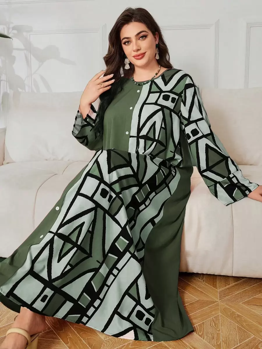 SHEIN Lacomfia Vestido de manga larga con estampado geométrico de bloques de color para tallas grandes