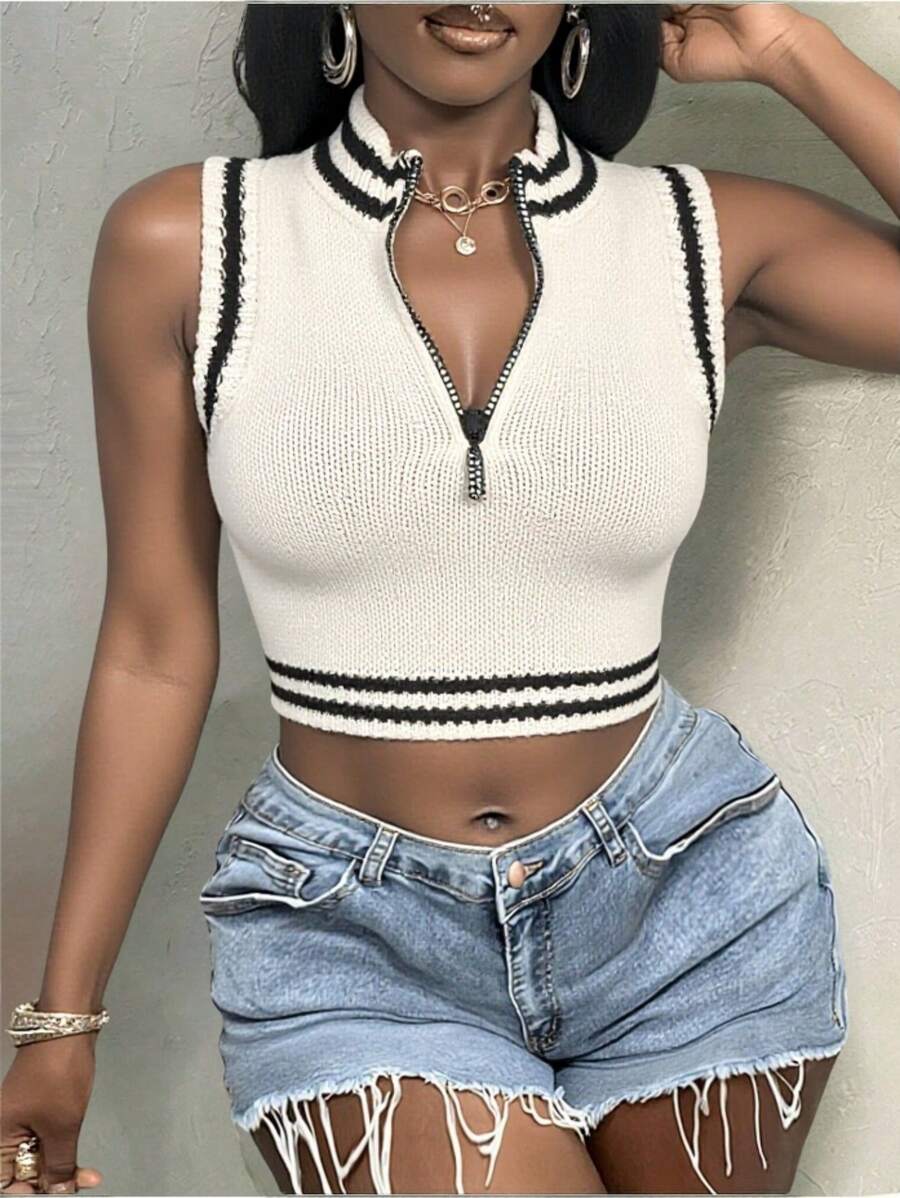 BamGleam Knitted Sleeveless Cropped Women's Sweater Vest, Standing Collar And Black And White Striped Women's Top With Diamond Zipper, Casual And Sexy Spring And Summer Women's Clothing That Meets Basic Travel Needs