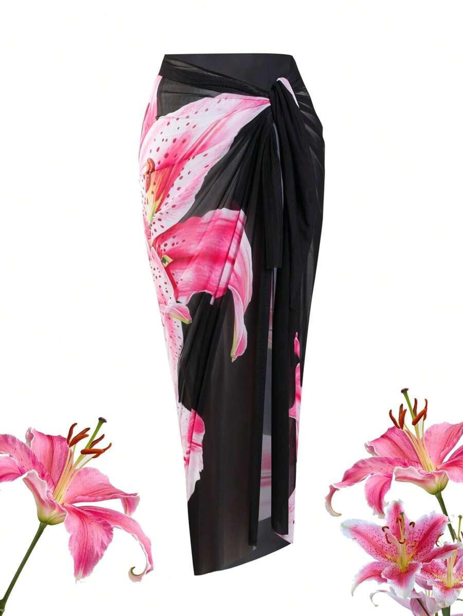 Swim Oasis Túnica larga de gasa con estampado floral Oasis para mujer talla grande para vacaciones en la playa en verano
