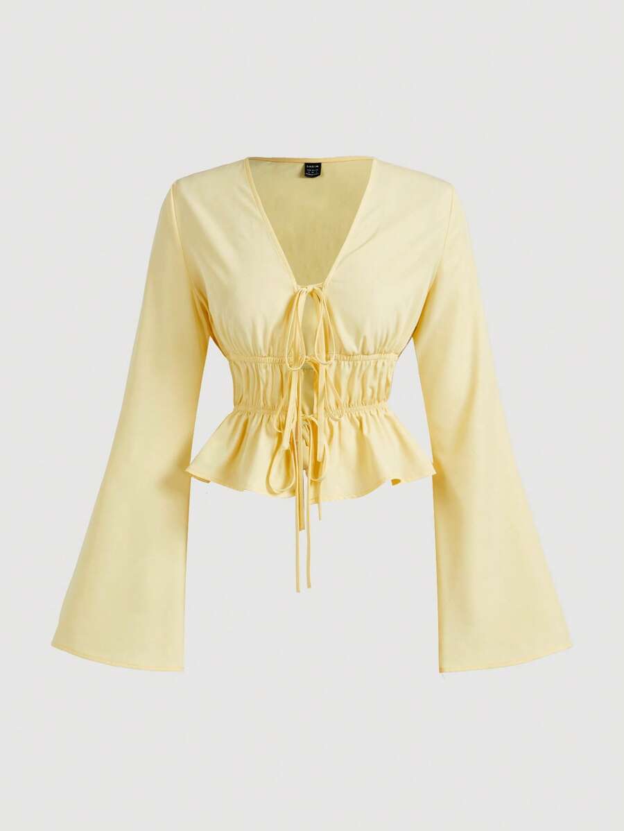 SHEIN MOD Yellow Women's Tie Front Flare Sleeve Blouse,Hollowed Costumes, Women,Devil Costume,Vintage,Pirate Top,Hippie,Going Out Tops