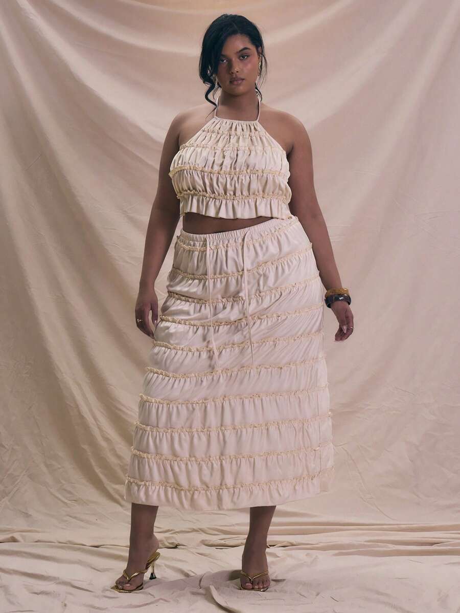 MUSERA Plus Size Tiered Tie Waist Maxi Skirt For Spring, Vacation, Summer, Holiday, Elegant