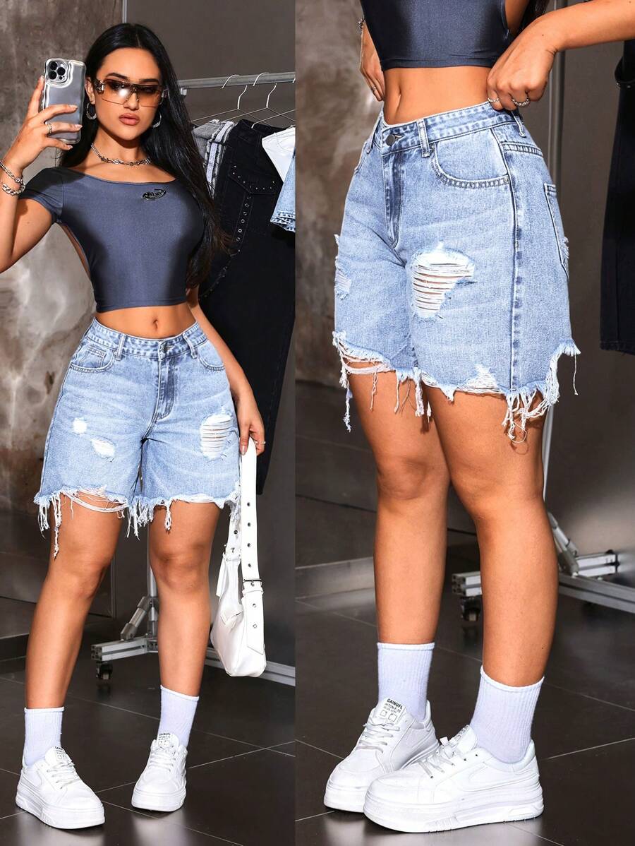 SHEIN ICON Women's Pocket Ripped Frayed Hem Casual Denim Shorts
