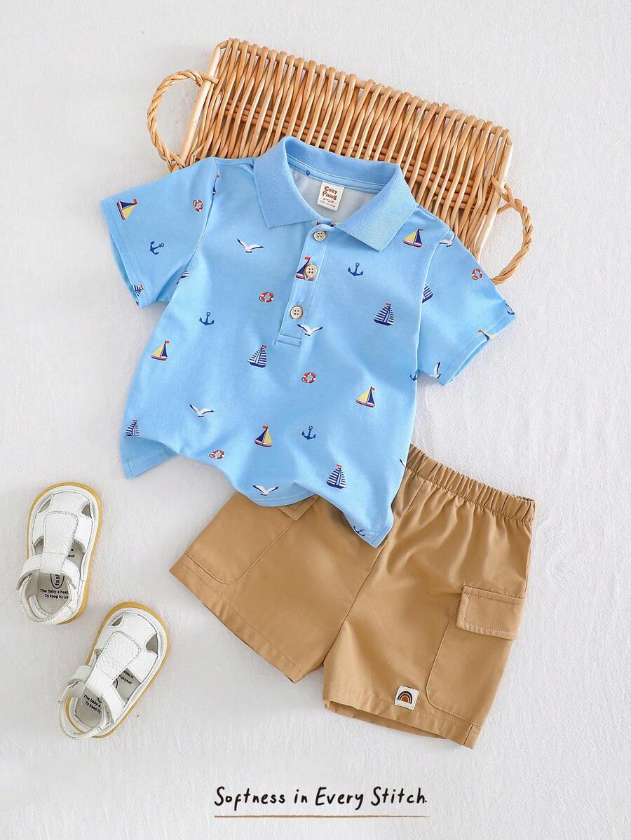 Cozy Pixies Set de 2 piezas con parte superior de punto de manga corta con cuello suave y pantalones cortos de cintura elástica para bebé niño