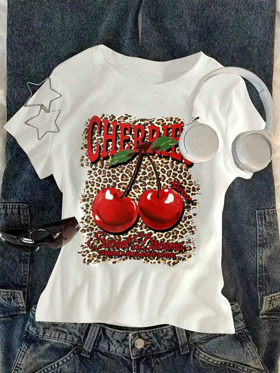 SHEIN Wildeya Camiseta de manga corta con estampado de leopardo y diseño de cereza para niña preadolescente