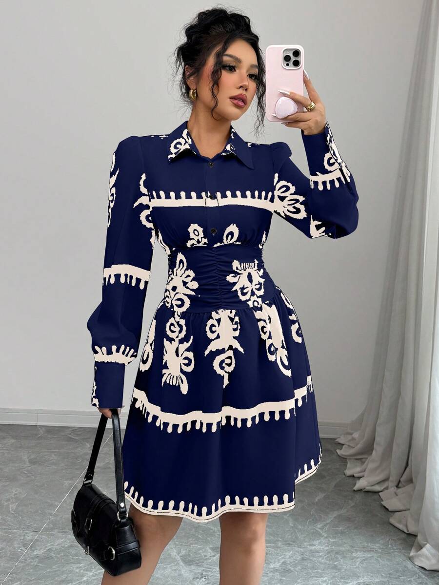Elenzga Casual Long Sleeve Printed Cinched Waist Women Dress