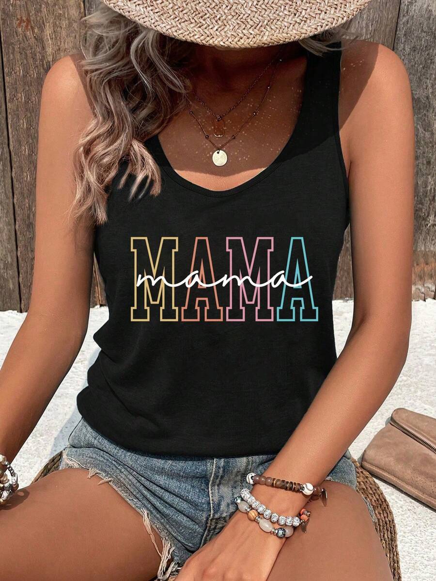 Women's Letter Print Crew Neck Casual Loose Tank Top