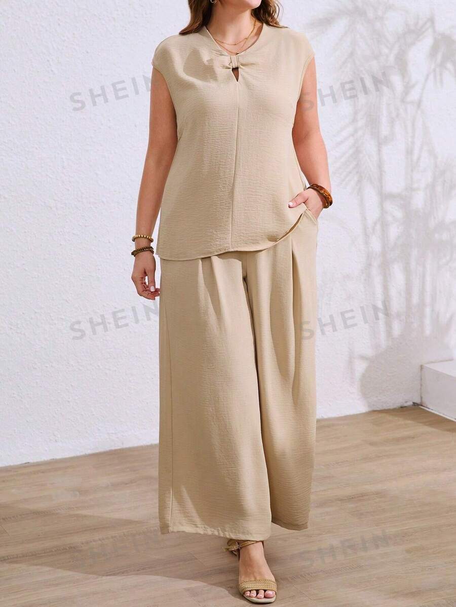 SHEIN LUNE Conjunto de 2 piezas de pantalones de pierna ancha con efecto texturizado y nudo delantero para mujer de talla grande, ropa casual para primavera/verano