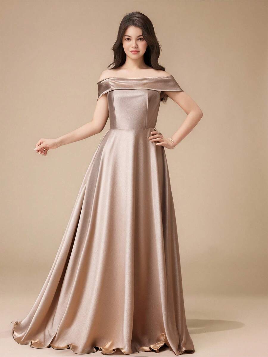 Teen Girl Elegant Fashion Solid Off Shoulder High Waist Evening Dresses, Suitable For Birthday Party, Masquerade Ball, Holiday Celebration, Stage Performance Christmas Halloween,Thanksgiving,Party Prom Dress