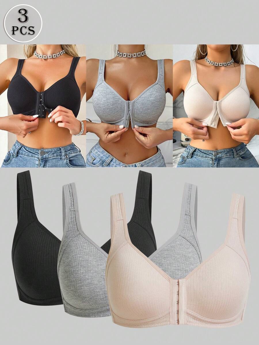 Set de 3 sujetadores con cierre frontal y forro de taza delgada para mayor comodidad de mujer