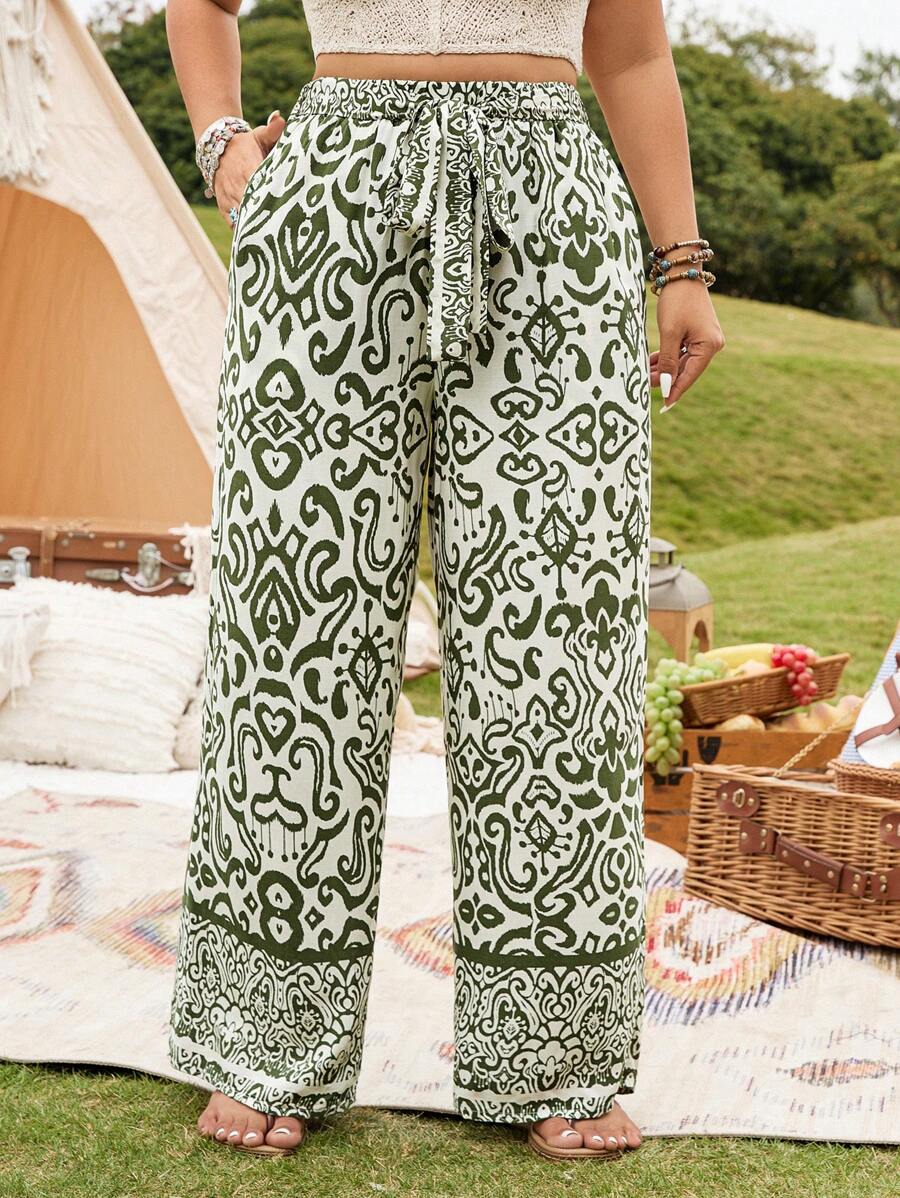 Breezaya Plus Size Women Elegant Commute& Vacation Versatile Totem Pattern Tie Waist Long Pants