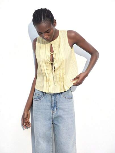 Maija Yellow Striped Tie-Up Pleated Round Neck Sleeveless Women's Stylish Bohemian Vacation Breathable Tank Top, Versatile Summer Fashion, Suitable For Holiday