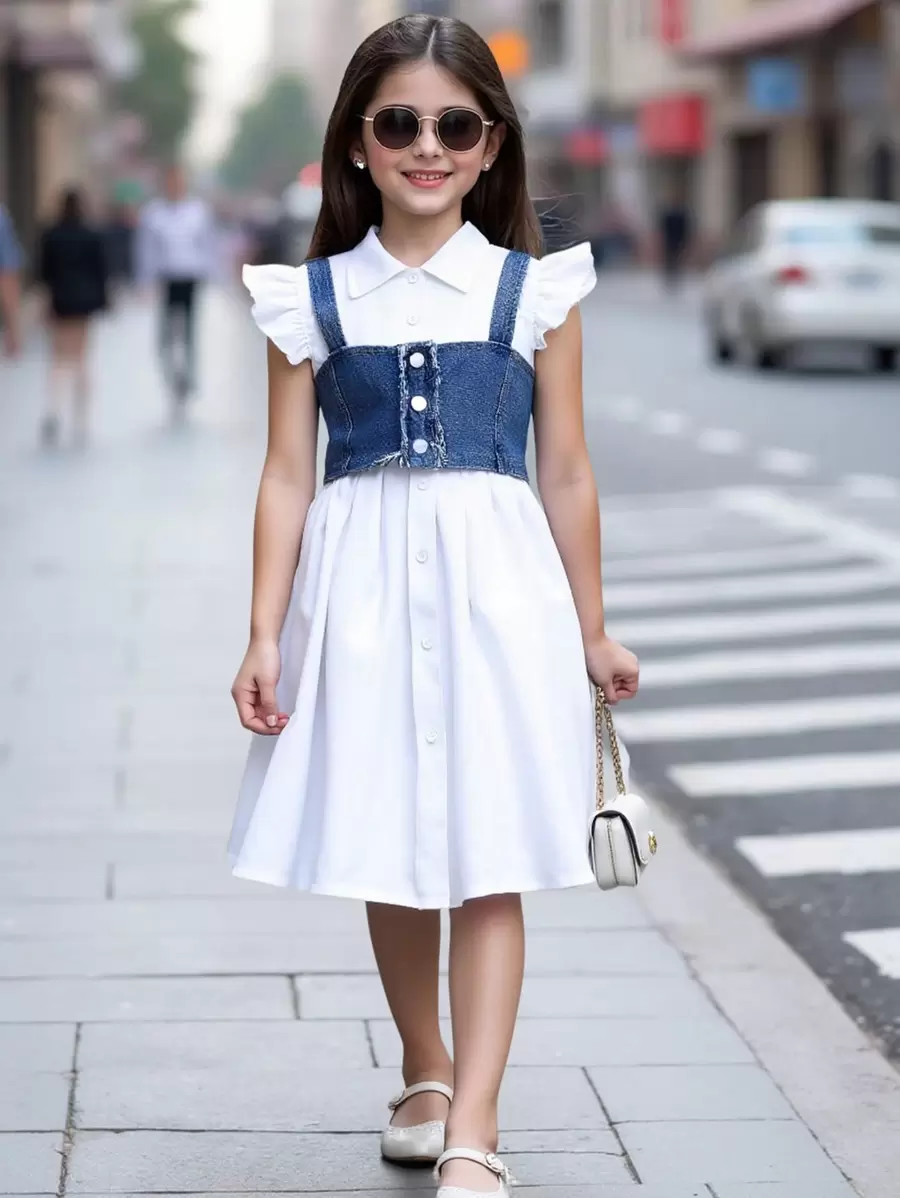2pcs/Set Tween Girl White Cap Sleeve Dress With Distressed Denim Camisole, Casual & Semi-Formal Set For Spring/Summer,Holiday,Summer,Travel