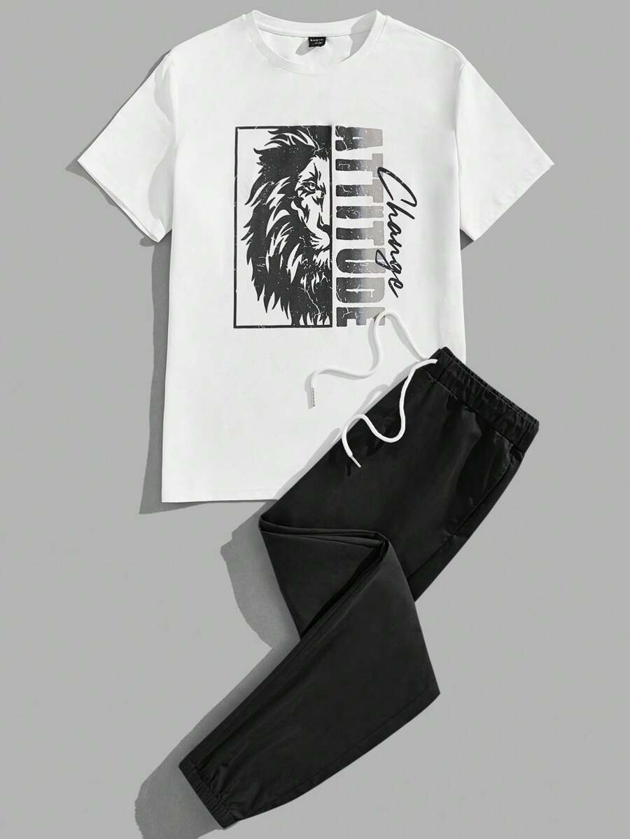 Manfinity VCAY Completo estivo da uomo con t-shirt in maglia bianca e pantaloni con stampa di lettere e leone
