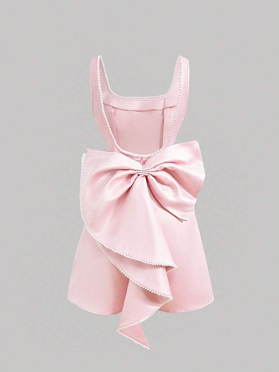 SHEIN MOD Vrouwen vierkante hals strik rug decor roze korte jurk