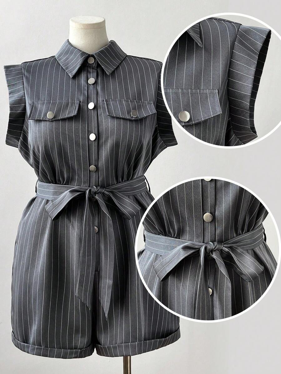 Sunspun Plus Size Women Lapel Cinched Waist Utility Jumpsuit Pants