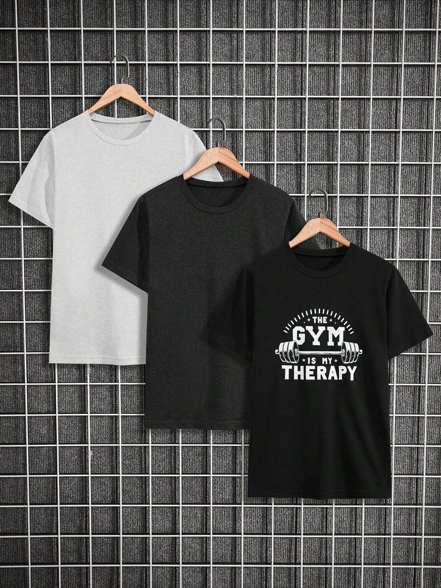 RueChic 3 pièces T-shirts à manches courtes réguliers imprimés en coton pour la salle de gym