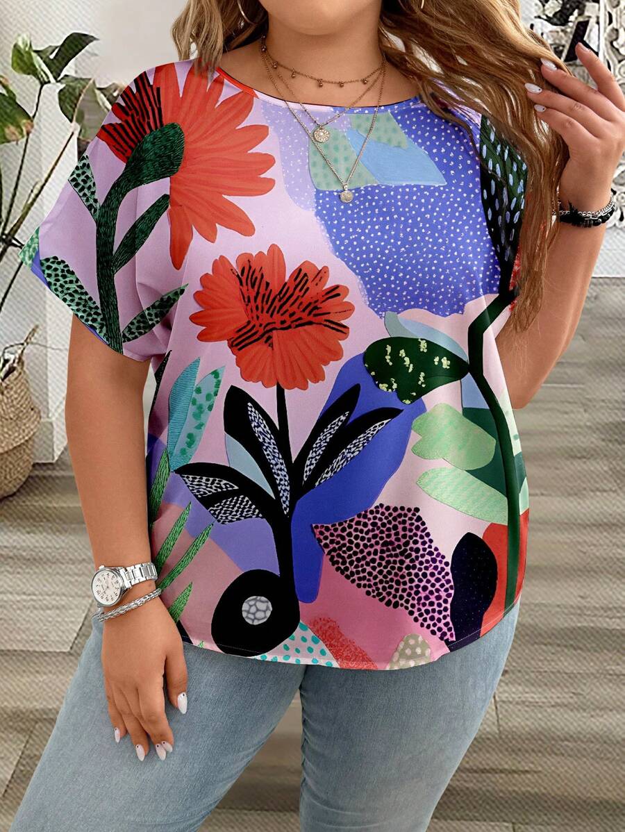 EMERY ROSE Plus Size Women Summer Pastel Floral Print Round Neck Casual Round Neck Short Sleeve Shirt, Vacation Outfits Women,Blouses For Women