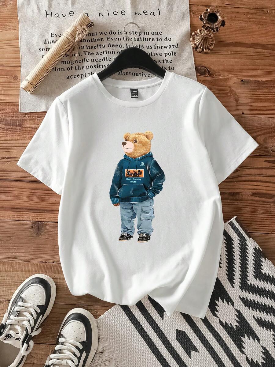 SHEIN EZwear Vintage handgeschilderde berenontwerp getailleerd dames casual ronde hals korte mouw T-shirt, geschikt voor de zomer