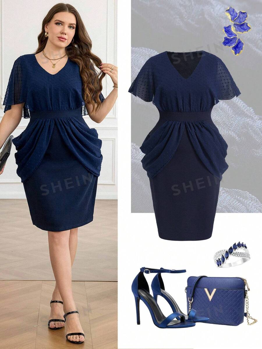 Ellevyn Vestido midi de línea A con cuello en V, de talla grande, elegante, de lunares, con parches de malla y cintura ceñida, de manga corta