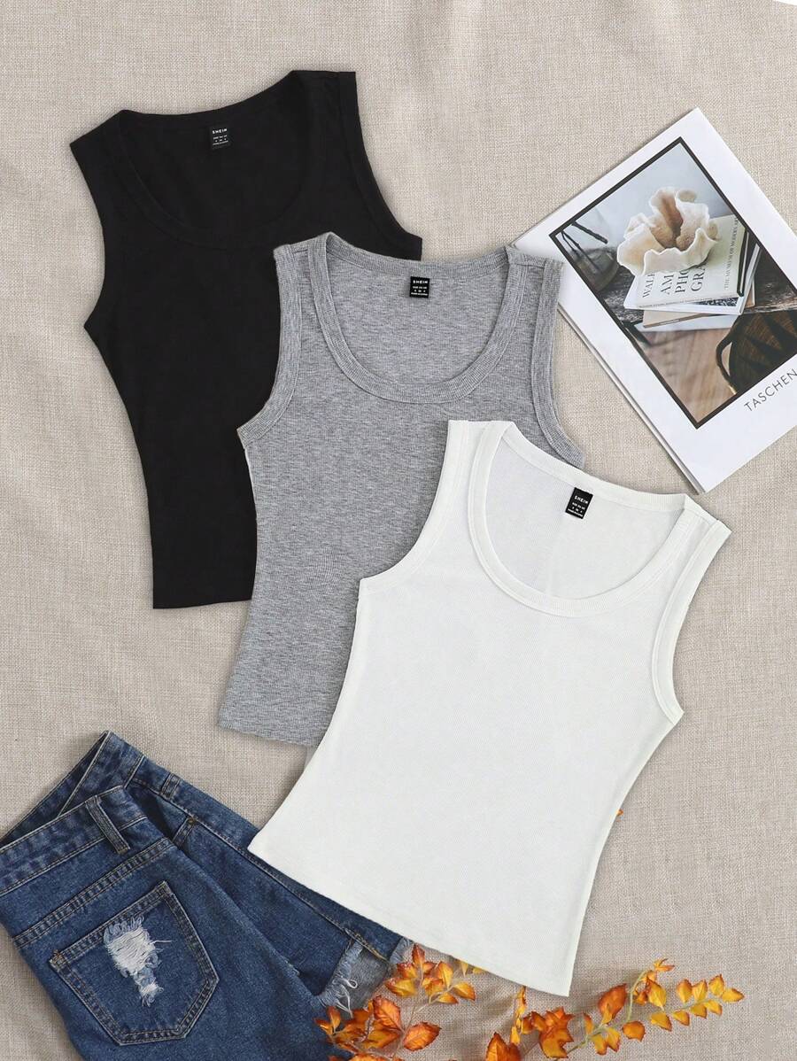 Attitoon 3pcs Women Ribbed Knit Casual Fitted Camisoles, Versatile