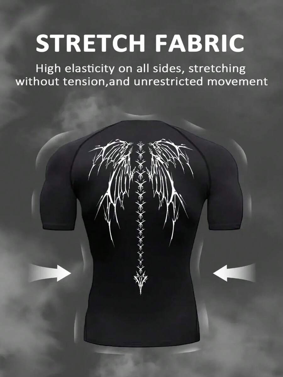 Manfinity Sport Polished Heren Wing Print Ronde Hals Raglan Mouw Korte Mouw Casual Fitness & Workout T-shirt Workout Tops Gym Top Compressie Shirt Ademend