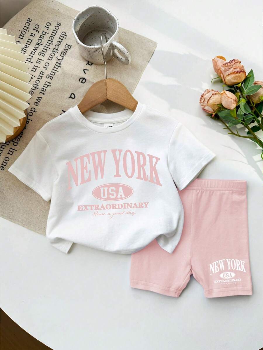 Baby Girl Casual Simple Short Sleeve Outfit, Suitable For Spring & Summer
