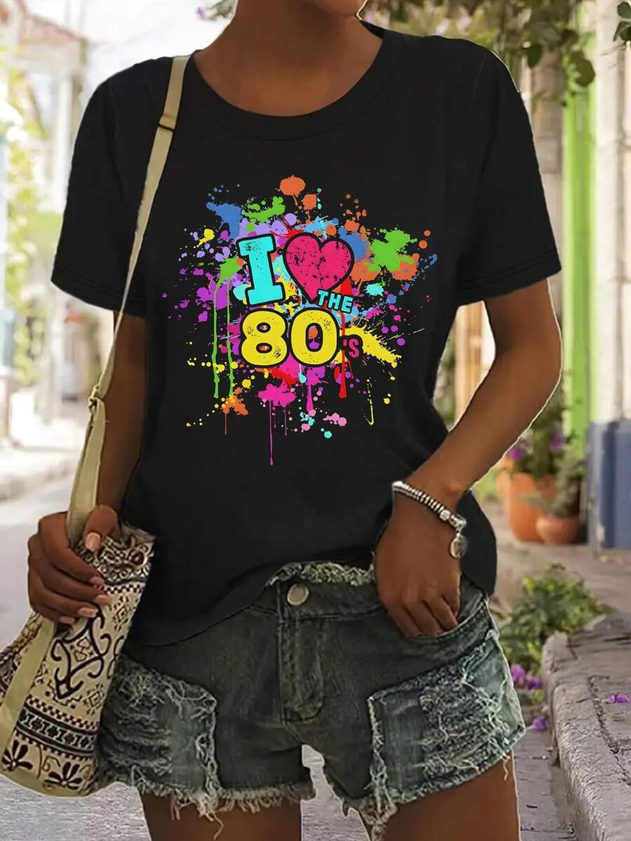 I Love 80s Women Cute Disco Casual Pullover Short Sleeve Round Neck T-Shirt