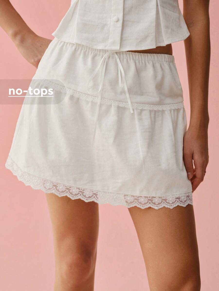 Enchnt Lente/Zomer Romantische Vrouwen Contrast Kant Strik Taille Linnen Korte Rok, Zoet & Elegant Voor Vakantie & Zoete Date & Dagelijkse & Vakantie
