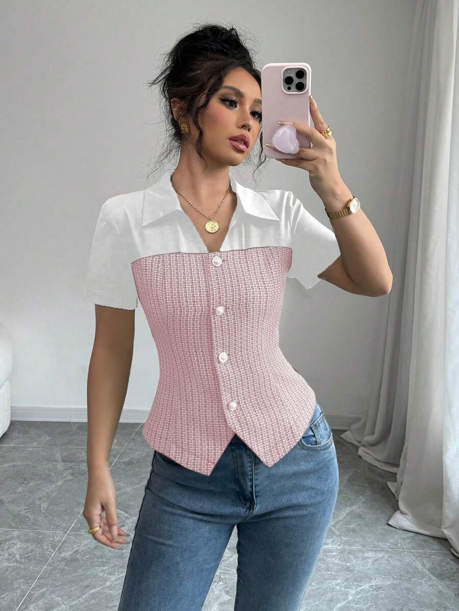 Calvaya Tweed Paneled Design Pearl Silver Edged Button Elegant Commuter Style Women Blouse Top