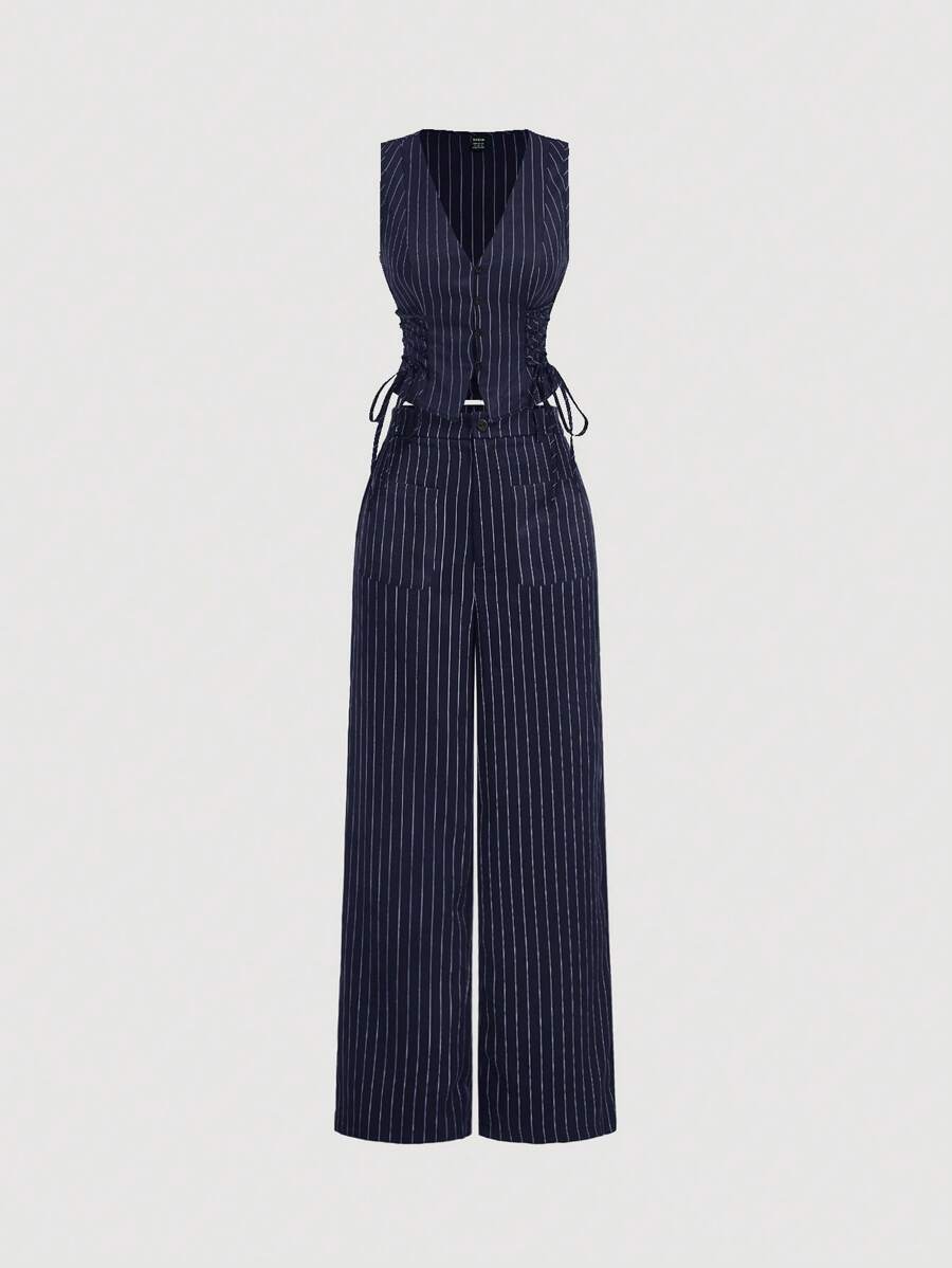 SHEIN MOD V-Neck Sleeveless Side Tie Waist Straight Pants Navy Striped Suit Set,Early Autumn Outfit Back To School Preppy Tops 2pcs Set Navy Pants Old Money Style,Business Casual Women,Office Wear Women Set.Striped Navy Set,Professional Clothes
