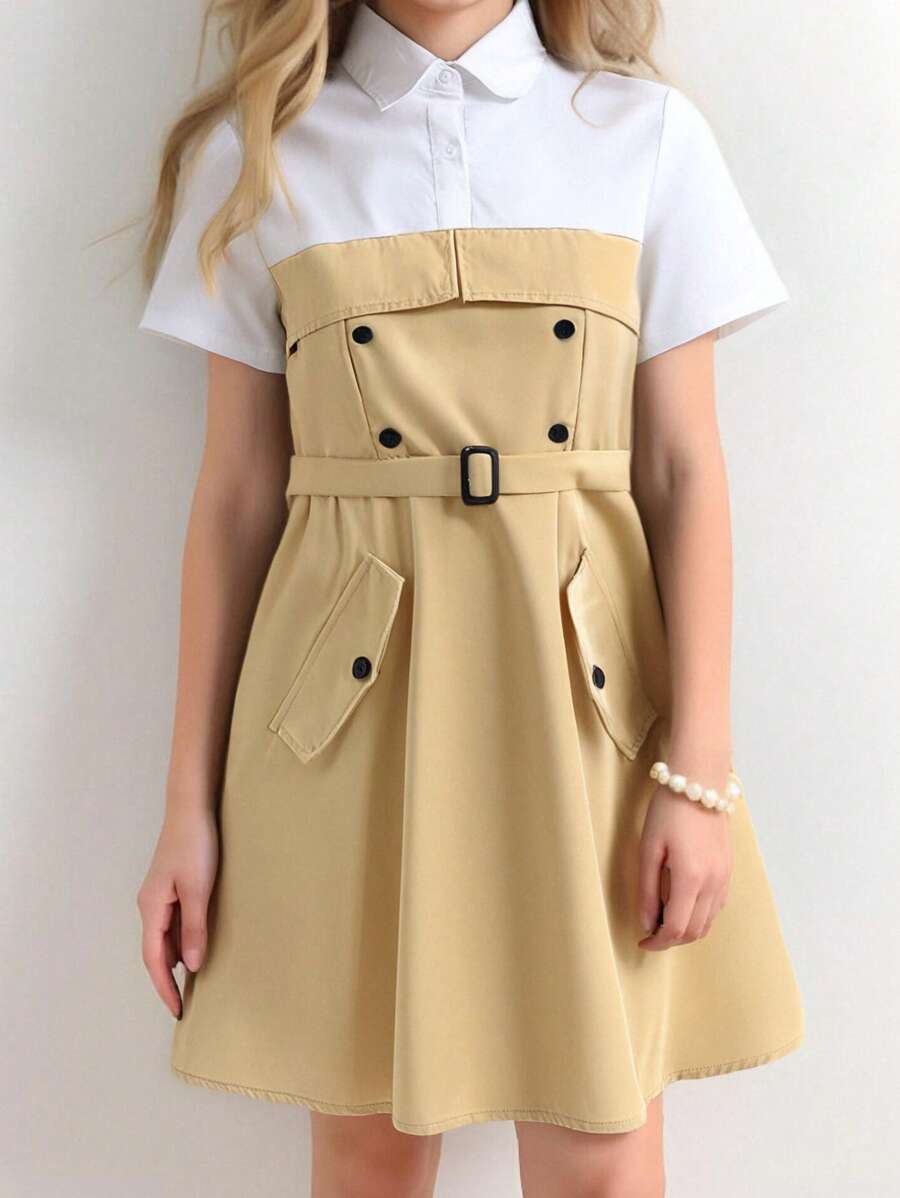 Robe-chemise d'été 2 en 1 décontractée et confortable avec bloc de couleurs, style décontracté pour adolescentes en déplacement