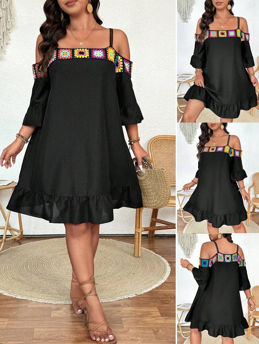 Breezaya Plus Size Women's Black Bohemian Crochet Lace Off Shoulder Spaghetti Strap 3/4 Sleeve Ruffle Hem Slim Knee-Length Dress, Spring/Summer