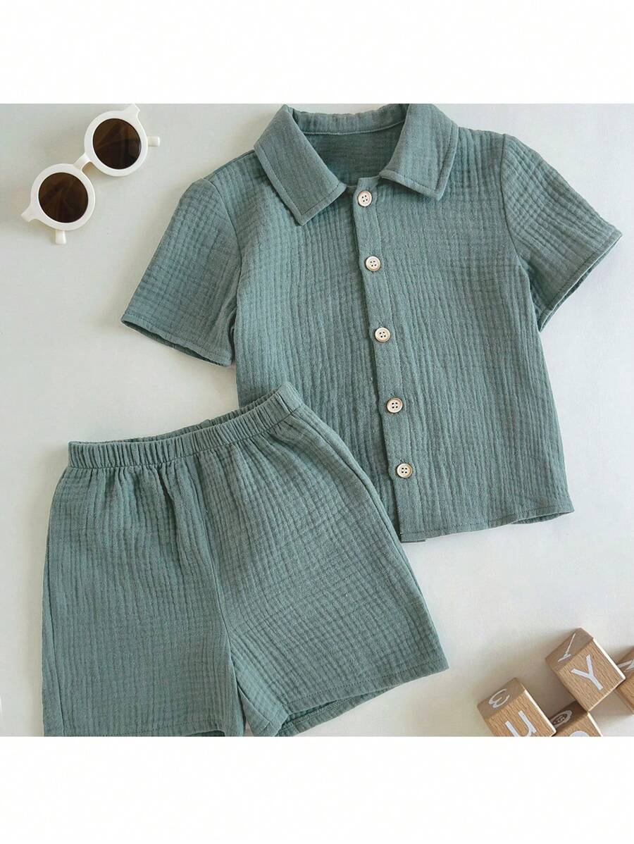 Loomiva 2 pezzi set per bimbo: camicia a maniche corte tinta unita e pantaloncini vita elastica